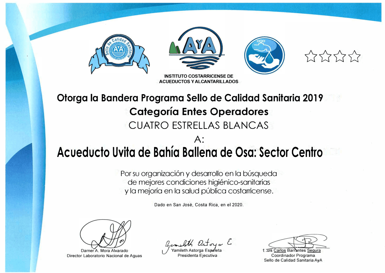 ASADA Uvita Bahía Sello Calidad Sanitaria ASADA Uvita Bahía Sello Calidad Sanitaria