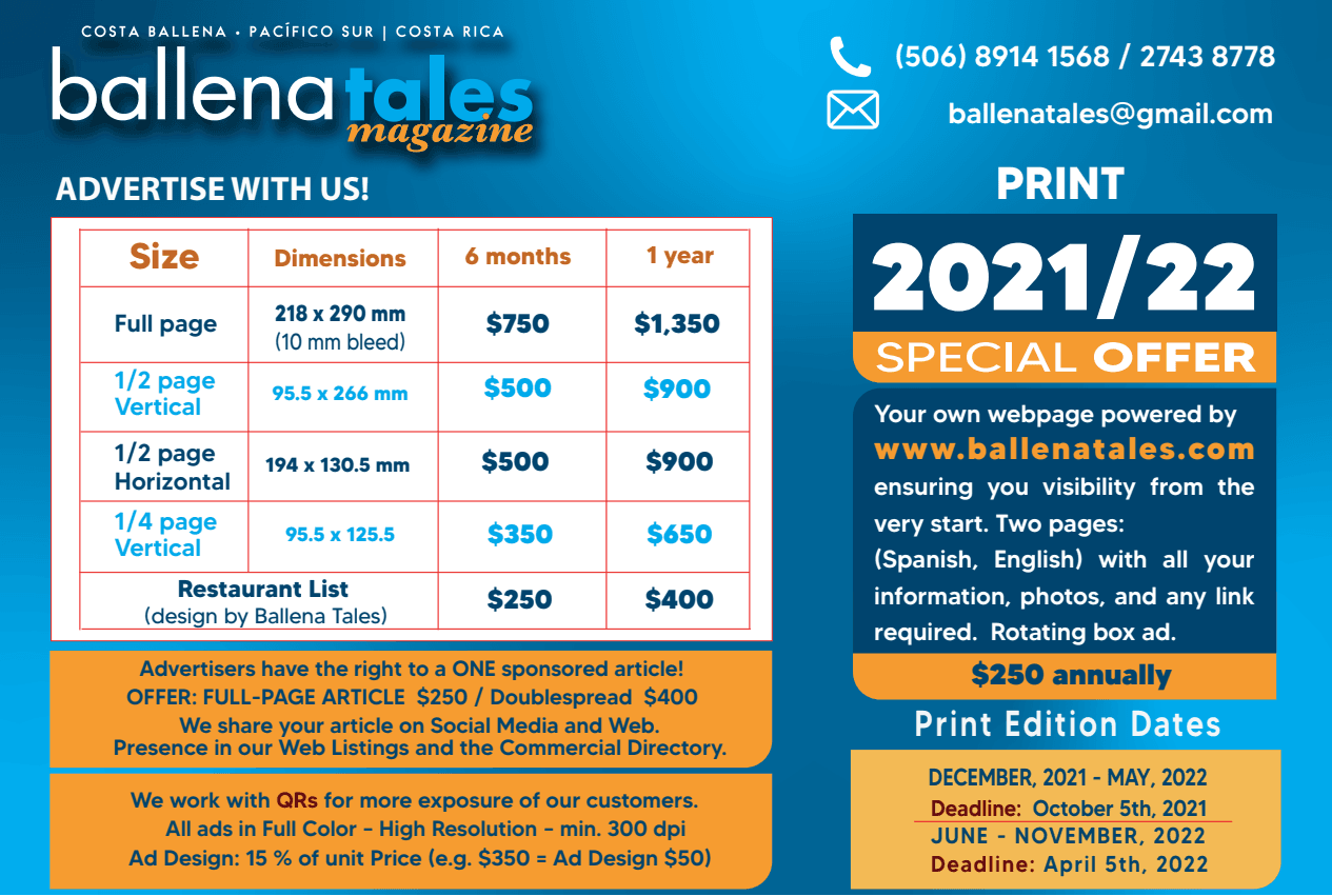 Price List Print 2021-22 Anúnciese con Ballena Tales, Revista y Guía de Viajeros