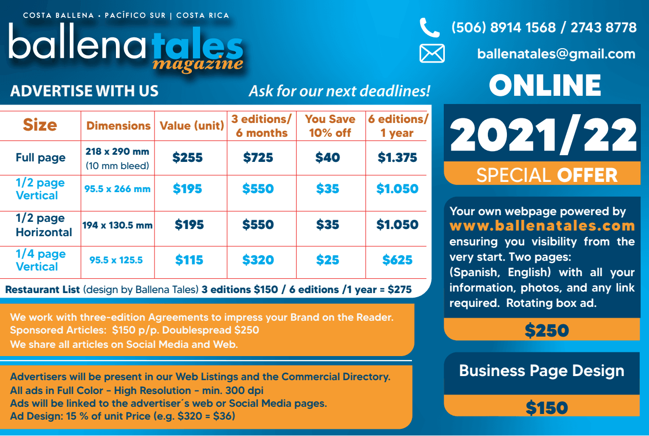 price list online Anúnciese con Ballena Tales, Revista y Guía de Viajeros